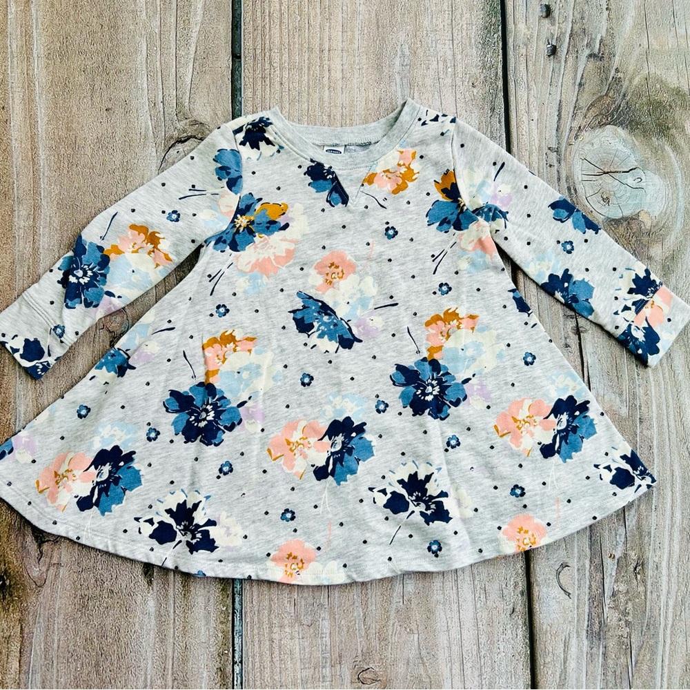 Old Navy size 2T Girls Blue Gray Pink Floral Print French Terry Casual Dress